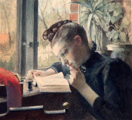 Frans Schwartz (1850-1917) Girl reading beside a window, 6.75 x 7in.
